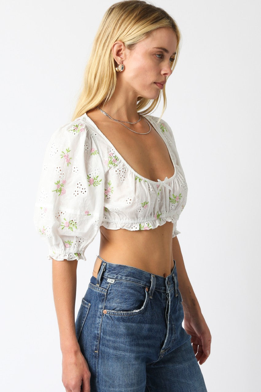 Raea Floral Eyelet Crop Top | Ivory