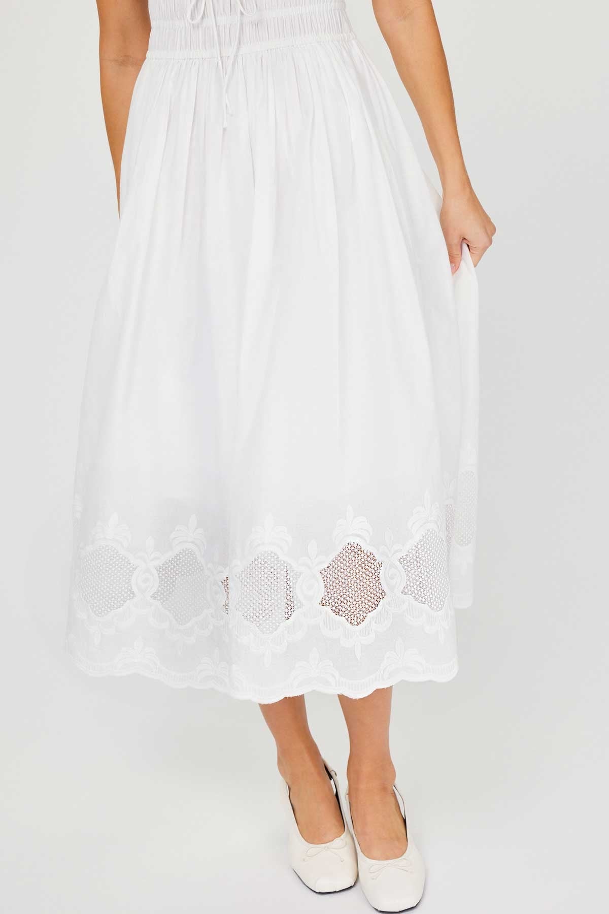Luna White Eyelet Lace Midi Dress