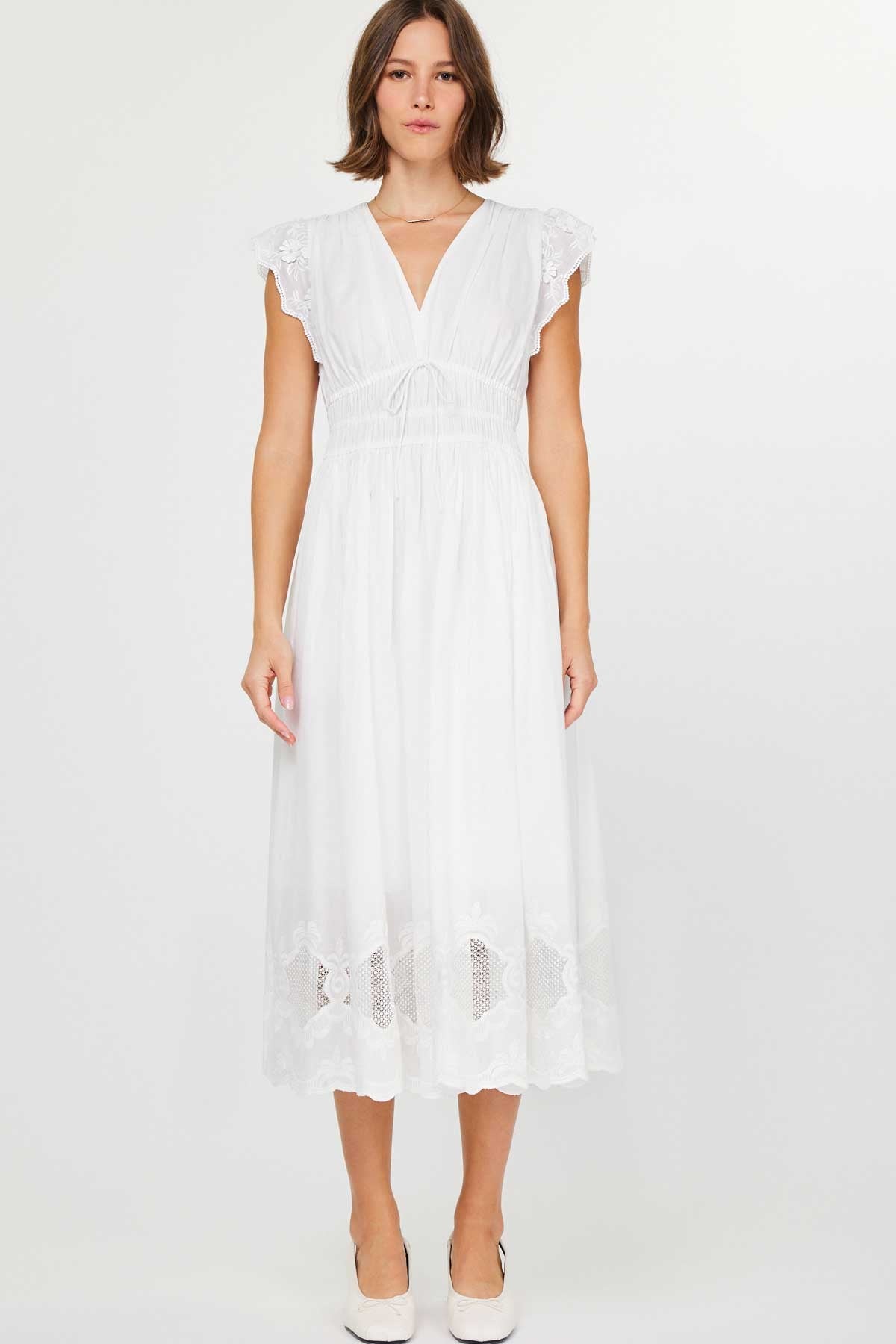 Luna White Eyelet Lace Midi Dress