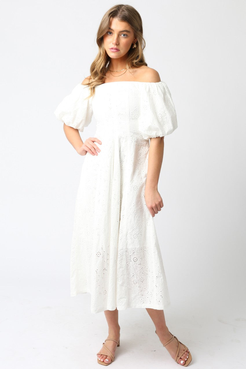 Gracie Eyelet Puff Sleeve Midi Dress | White