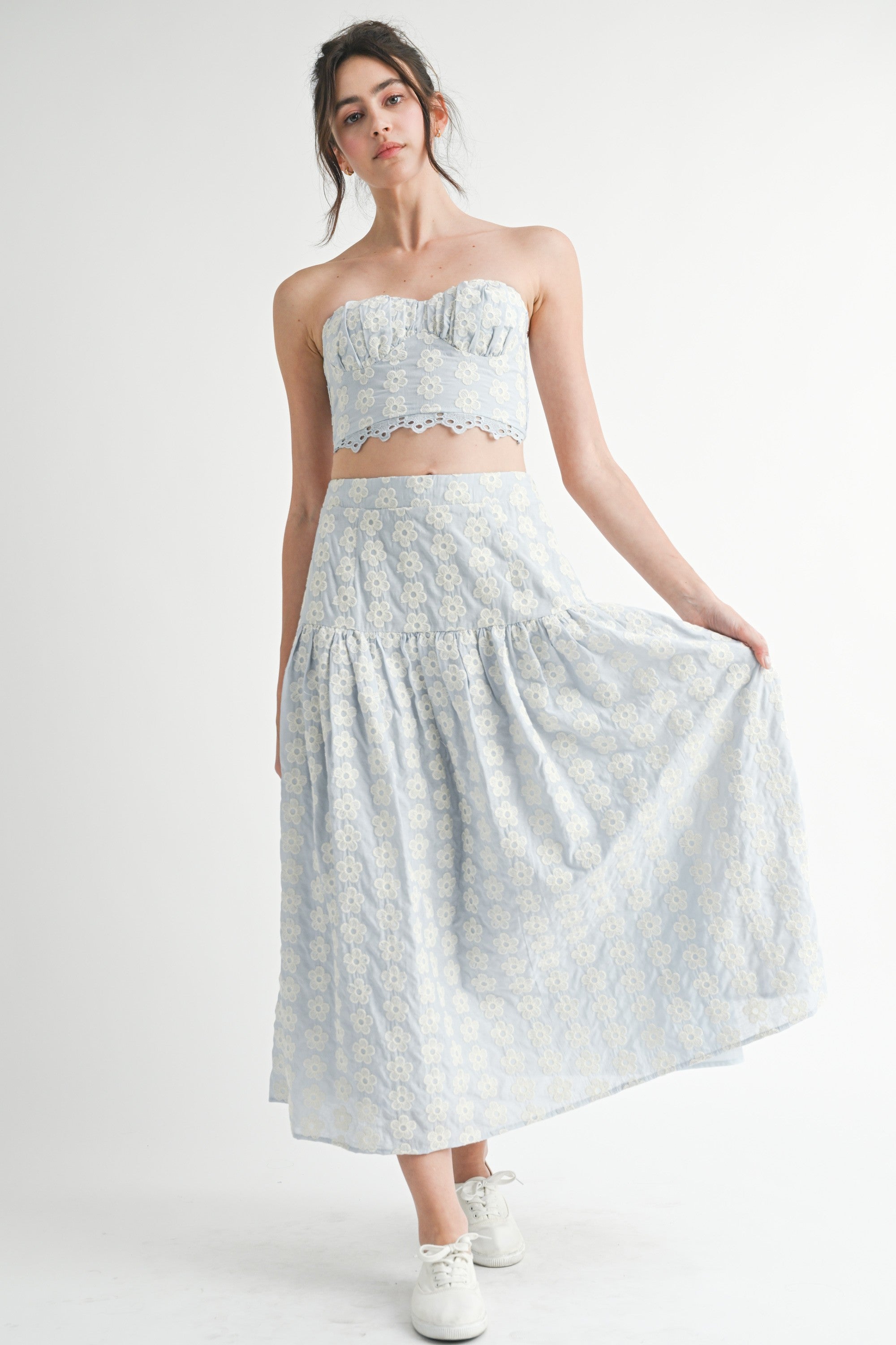 Alyssa Floral Eyelet Midi Skirt| Blue