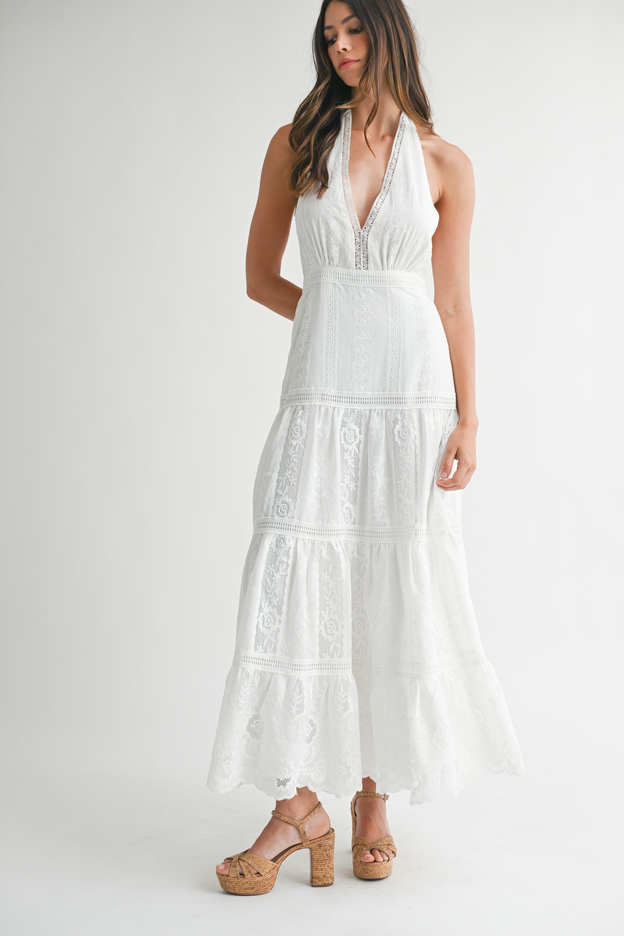 Maura White Embroidered Halter Maxi Dress