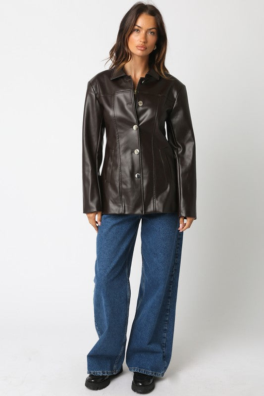 Lucia Brown Faux Leather Blazer Jacket