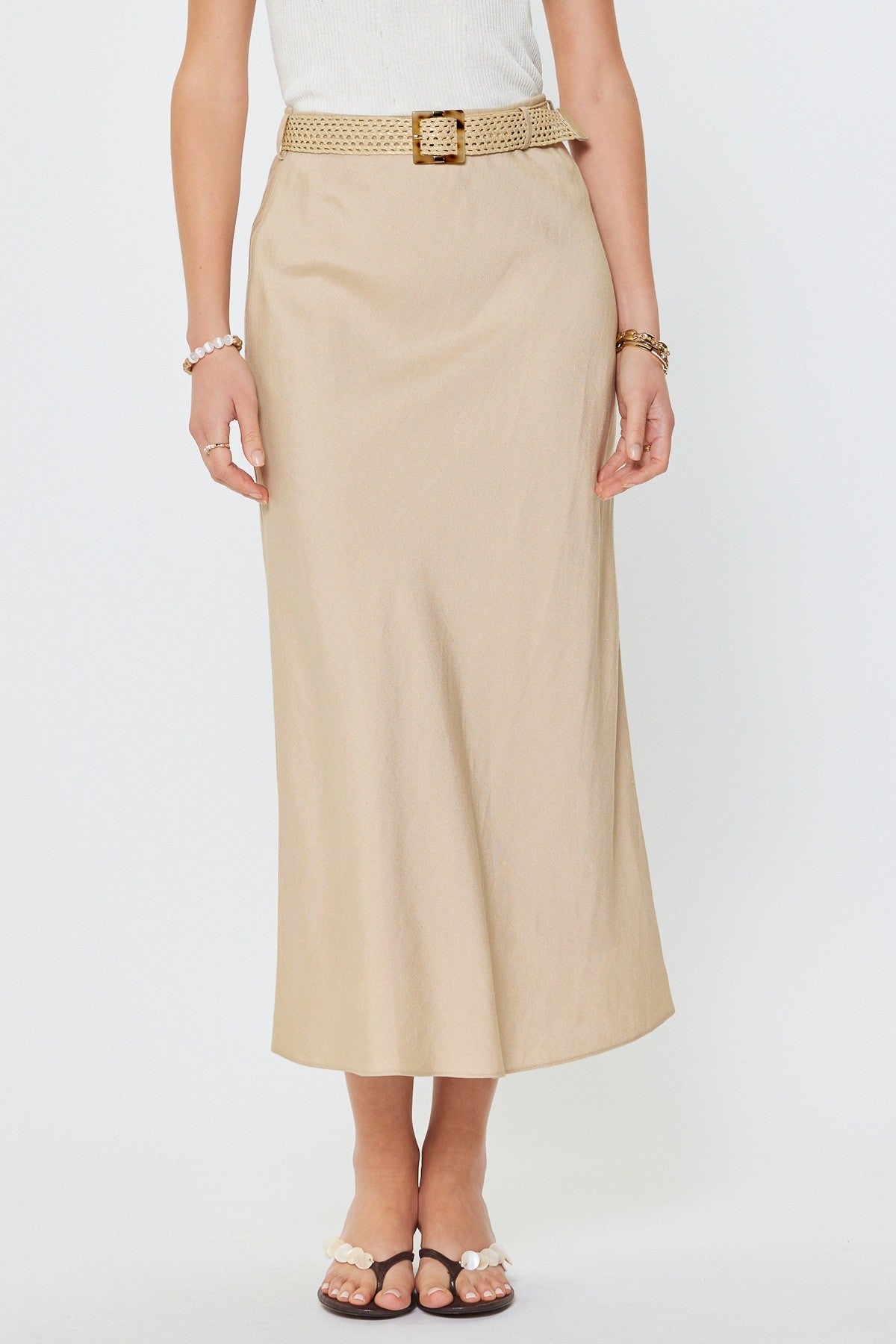 Current Air Crystal Linen Blend Maxi Skirt W/raffia Belt