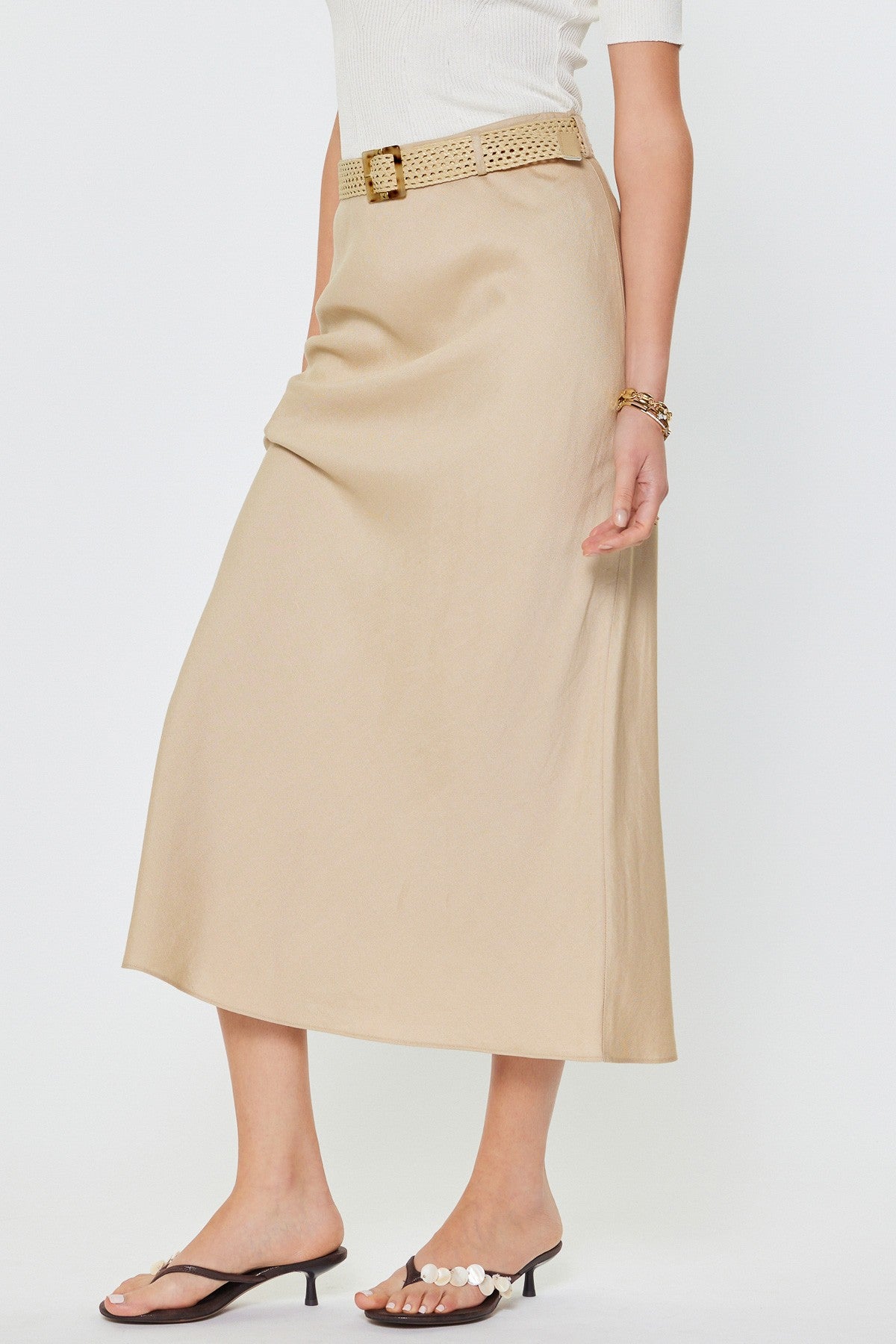 Current Air Crystal Linen Blend Maxi Skirt W/raffia Belt