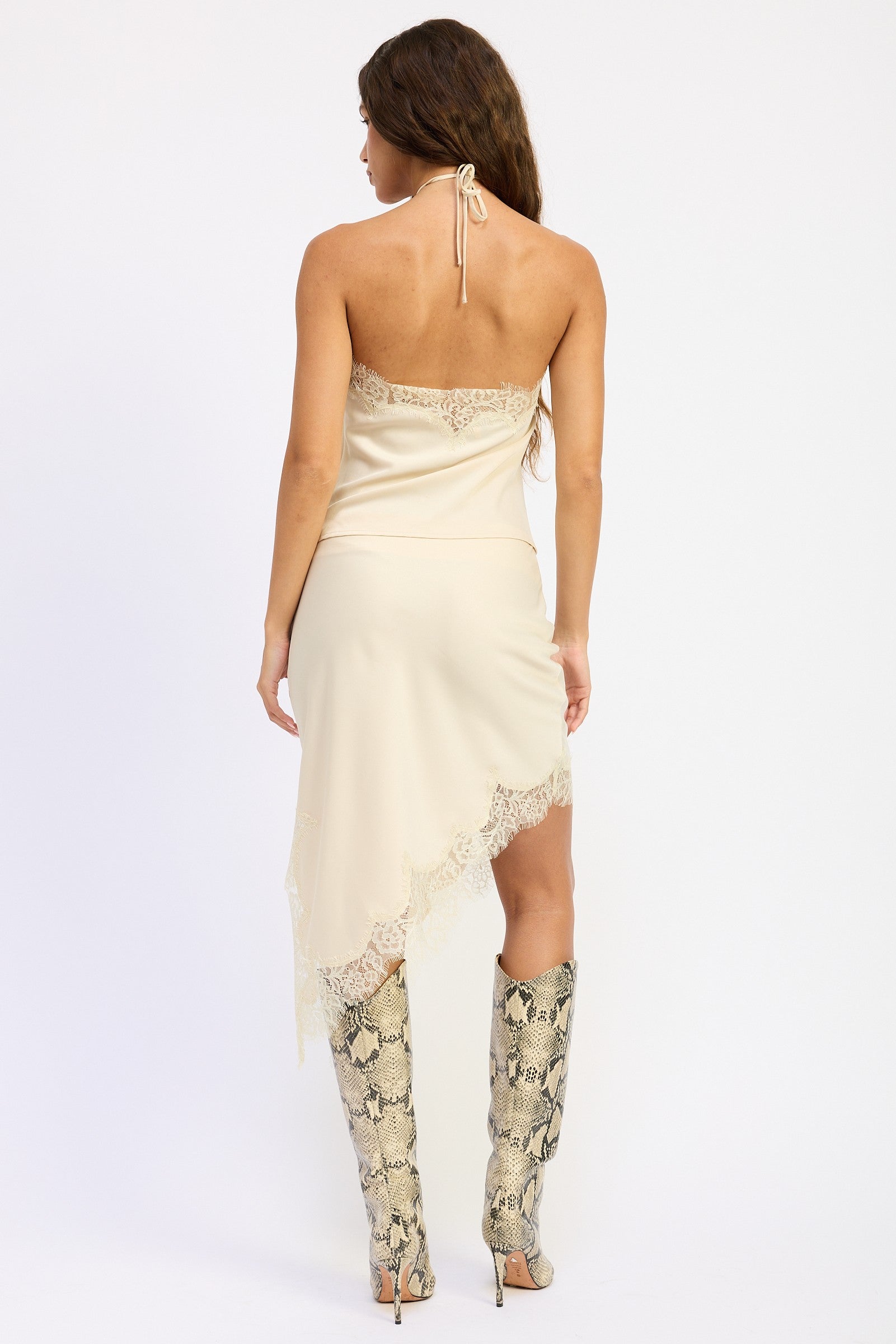 Hailey Satin Lace Asymmetrical Midi Skirt