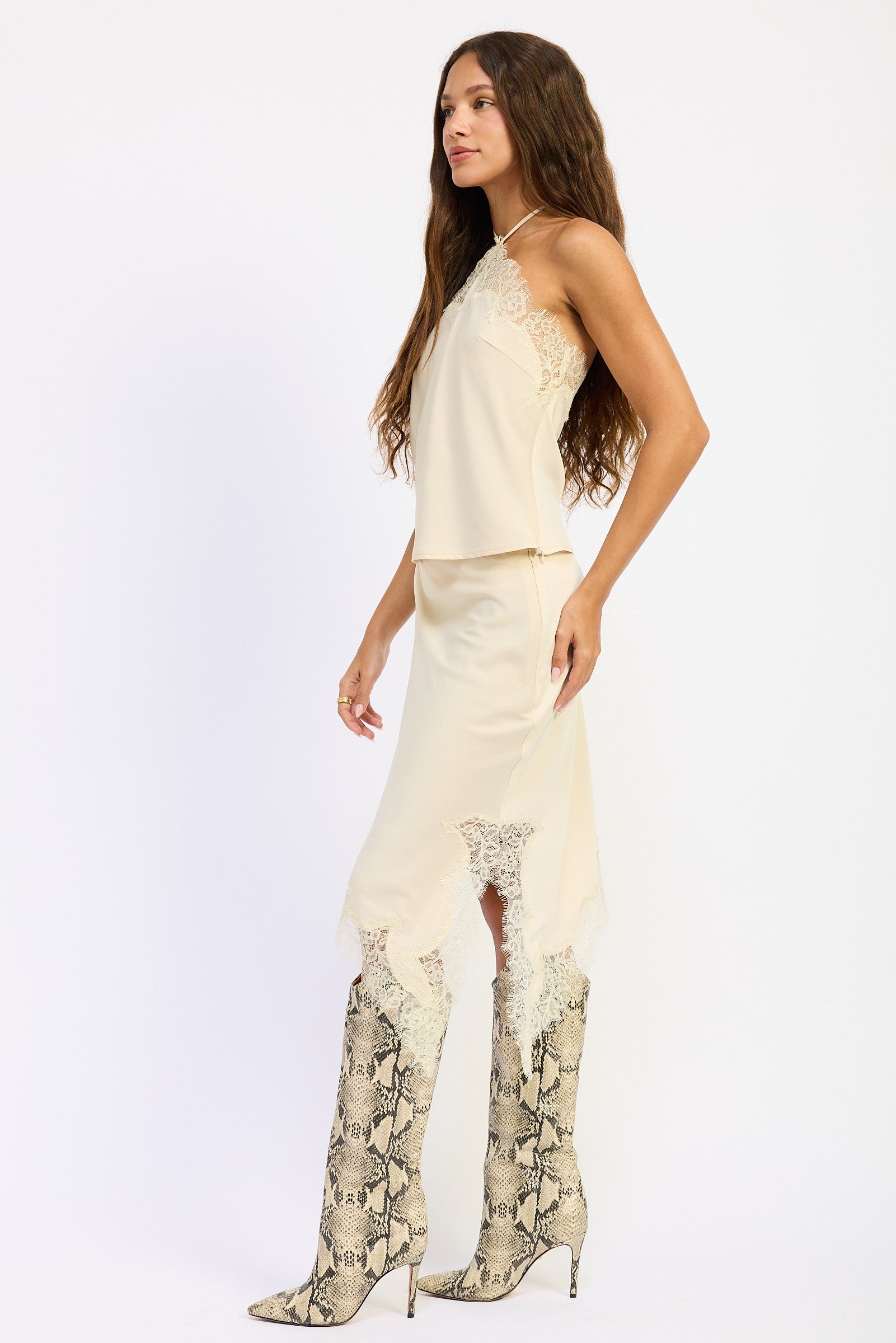 Hailey Satin Lace Asymmetrical Midi Skirt
