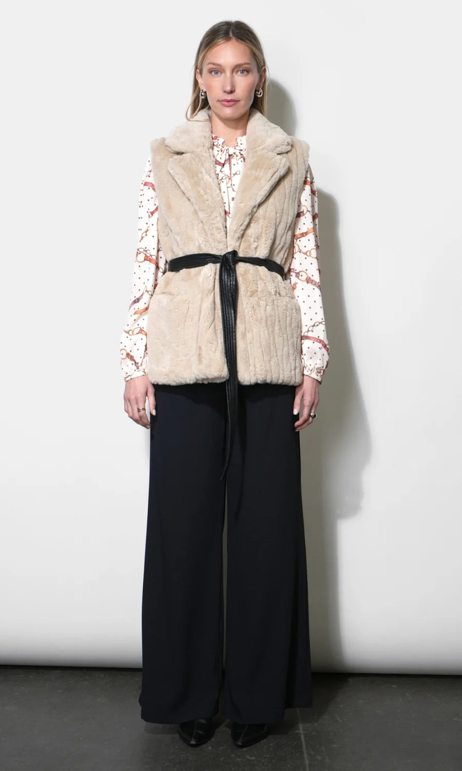 Greylin Cosette Faux Fur Vest With Tie Belt