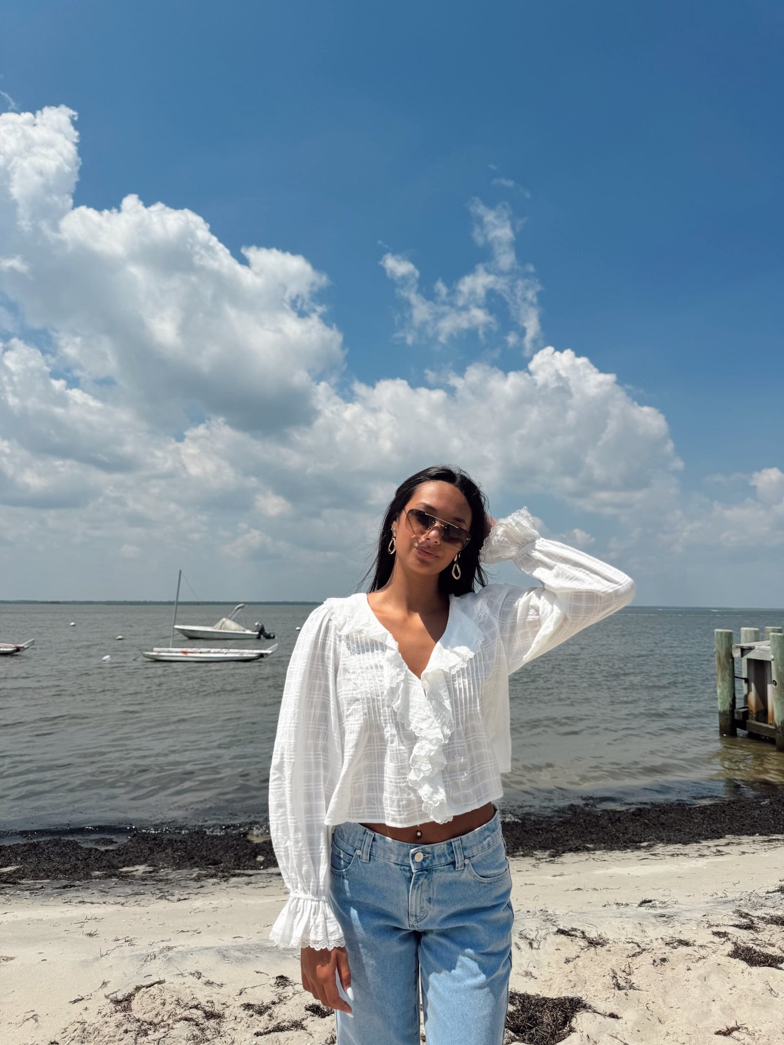 Adhara White Ruffle V-Neck Blouse
