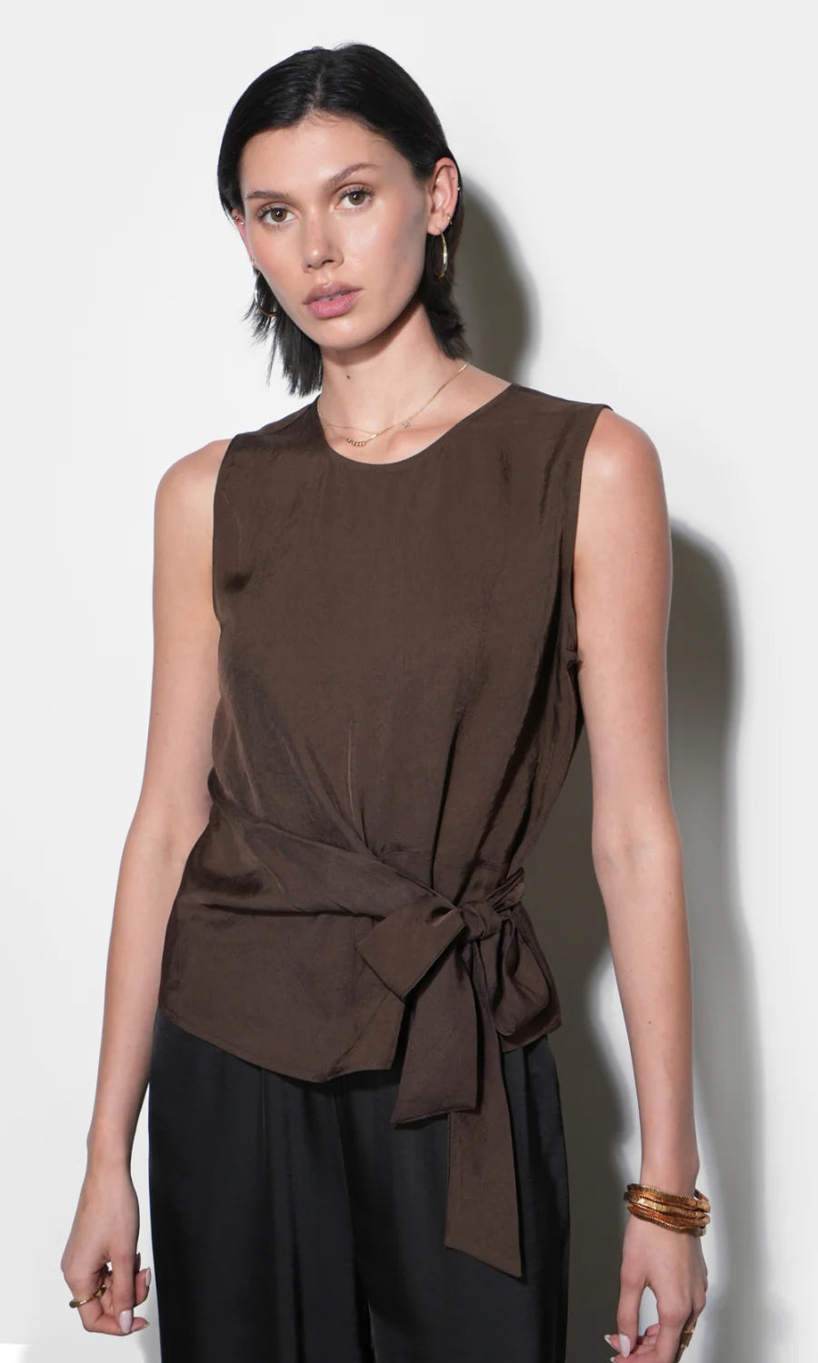 Greylin Lola Brown Sleeveless Side Tie Blouse