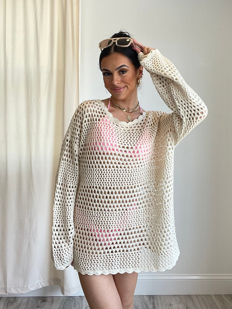 Eveyln Crochet Bell Sleeve Tunic Top | Natural