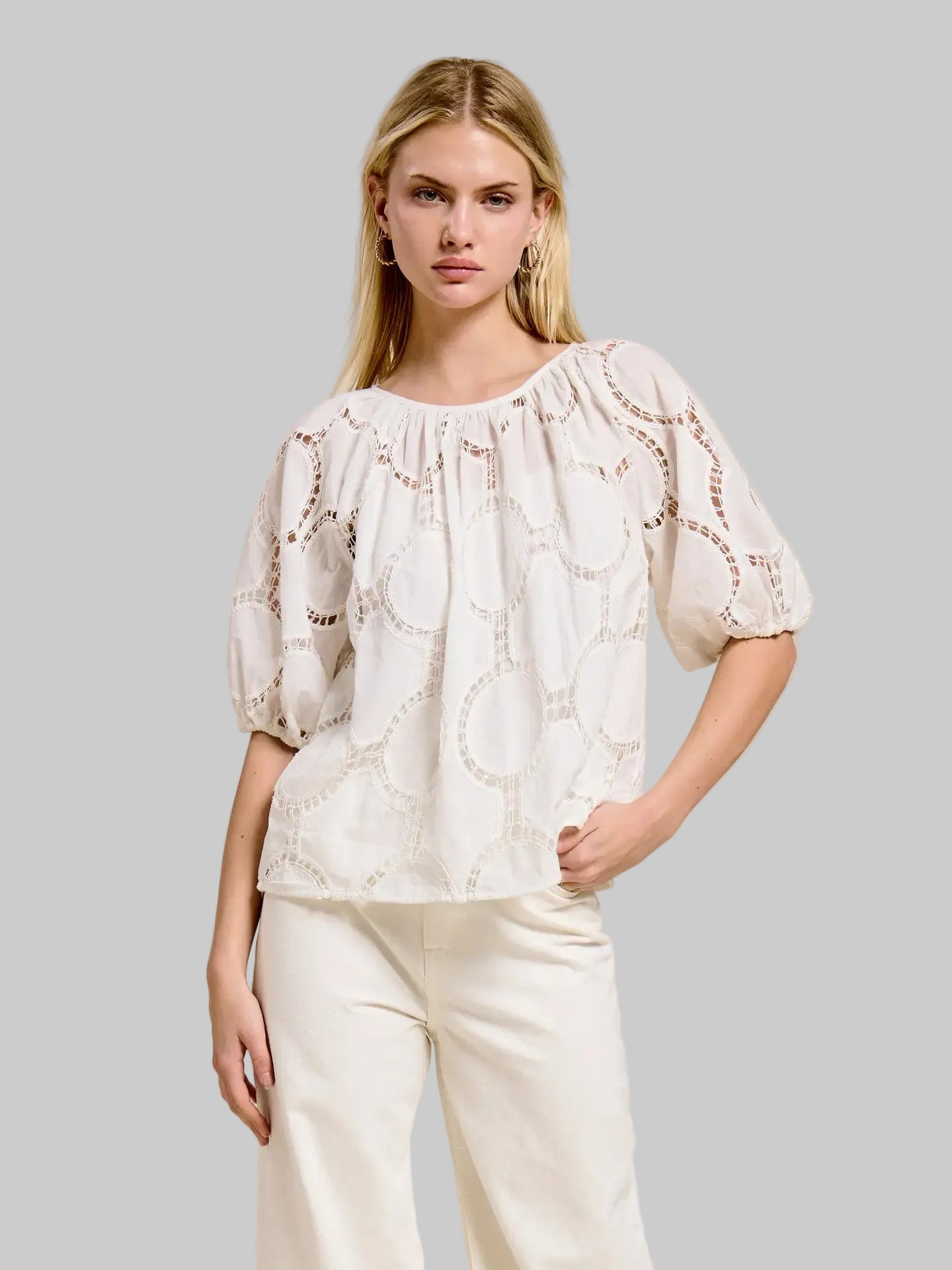 Flat White Bloom Eyelet White Blouse