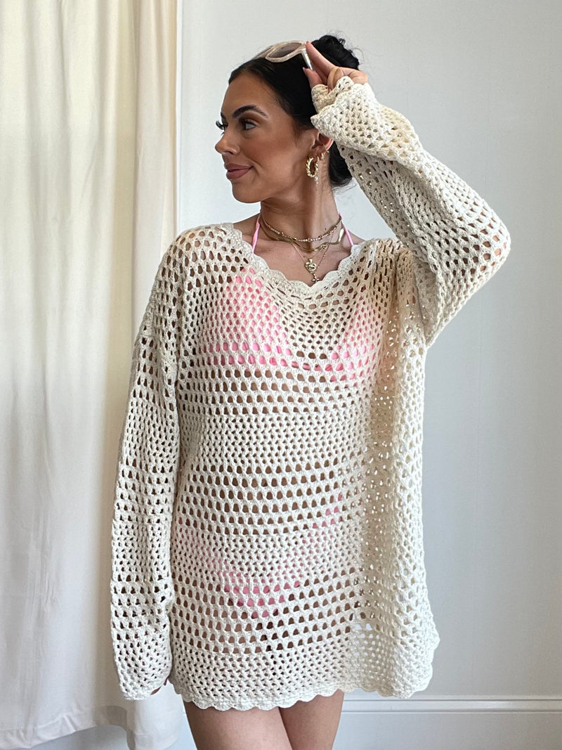 Eveyln Crochet Bell Sleeve Tunic Top | Natural