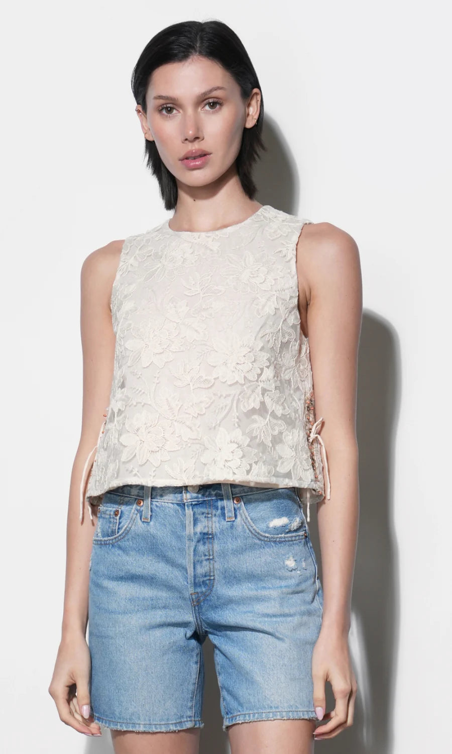 Greylin Alba Side Embroidered Side tie Natural Sleeveless Top