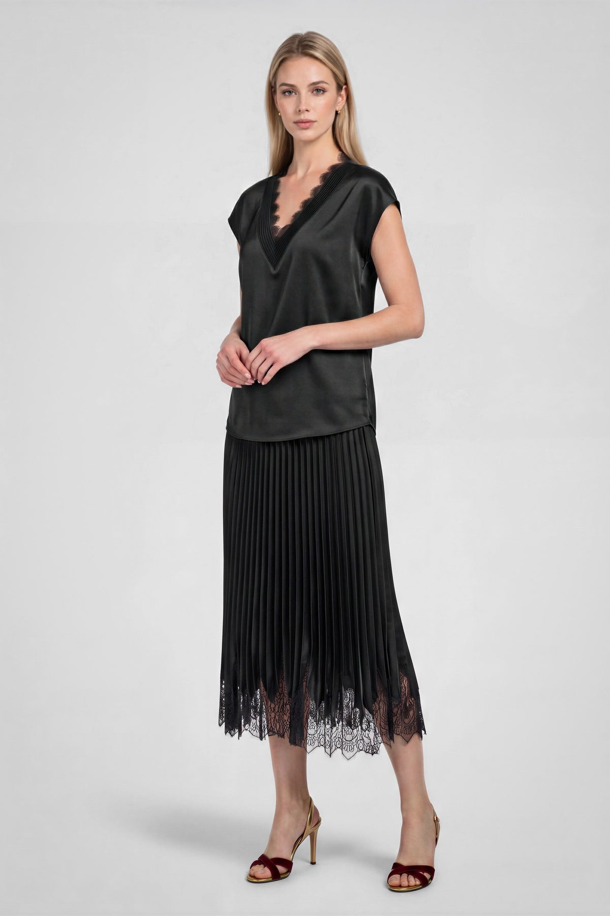 Current Air Patty Lace Satin Top Black