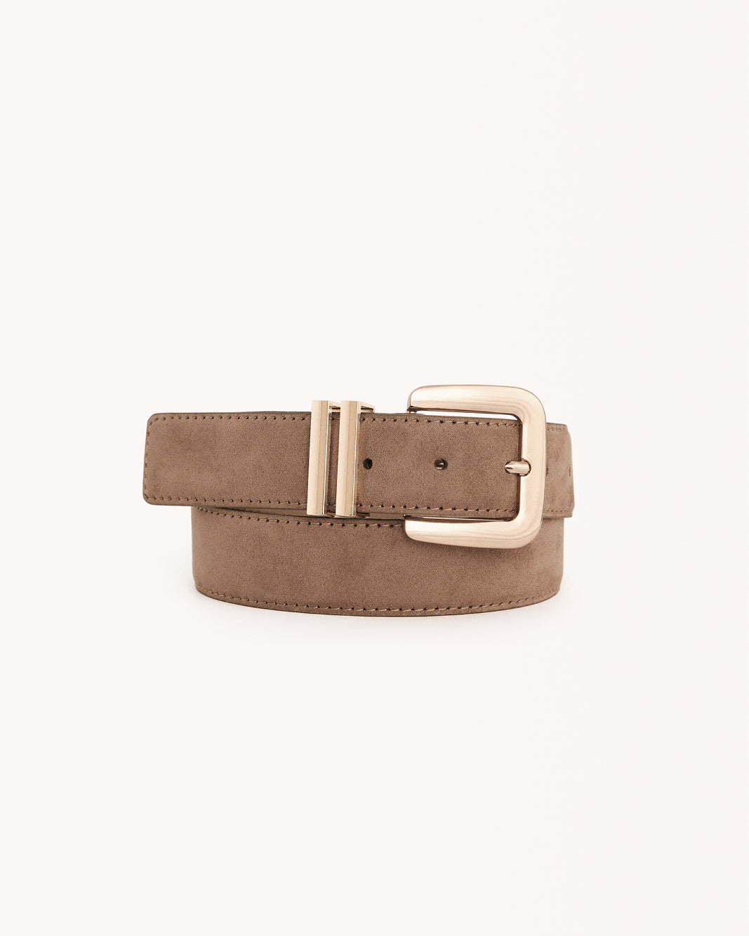 Stone Beige Suede belt with a gold buckle on a white background. Billini Dahlia Belt Coco Kimono