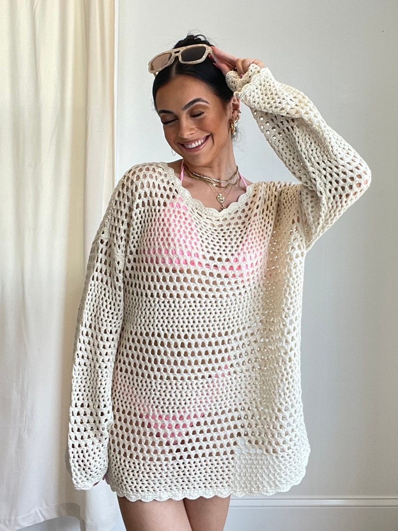 Eveyln Crochet Bell Sleeve Tunic Top | Natural