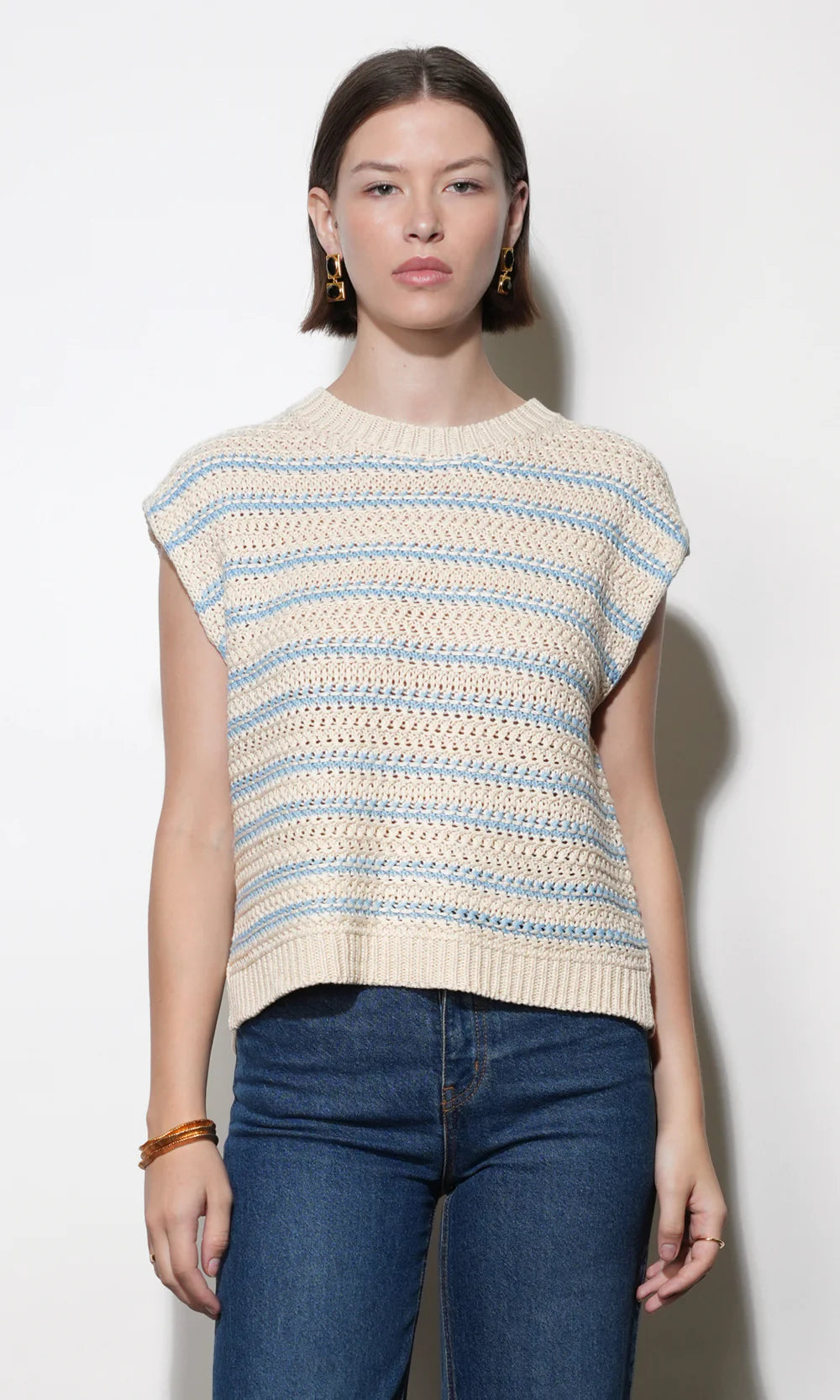 Greylin Solana Boxy Ivory & Blue Knit Sweater Top