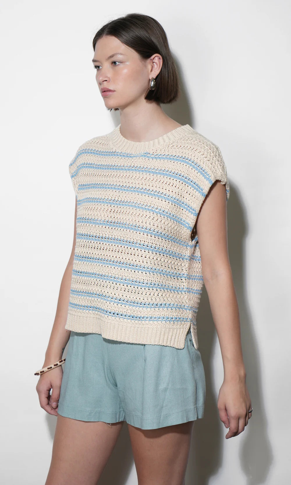 Greylin Solana Boxy Ivory & Blue Knit Sweater Top