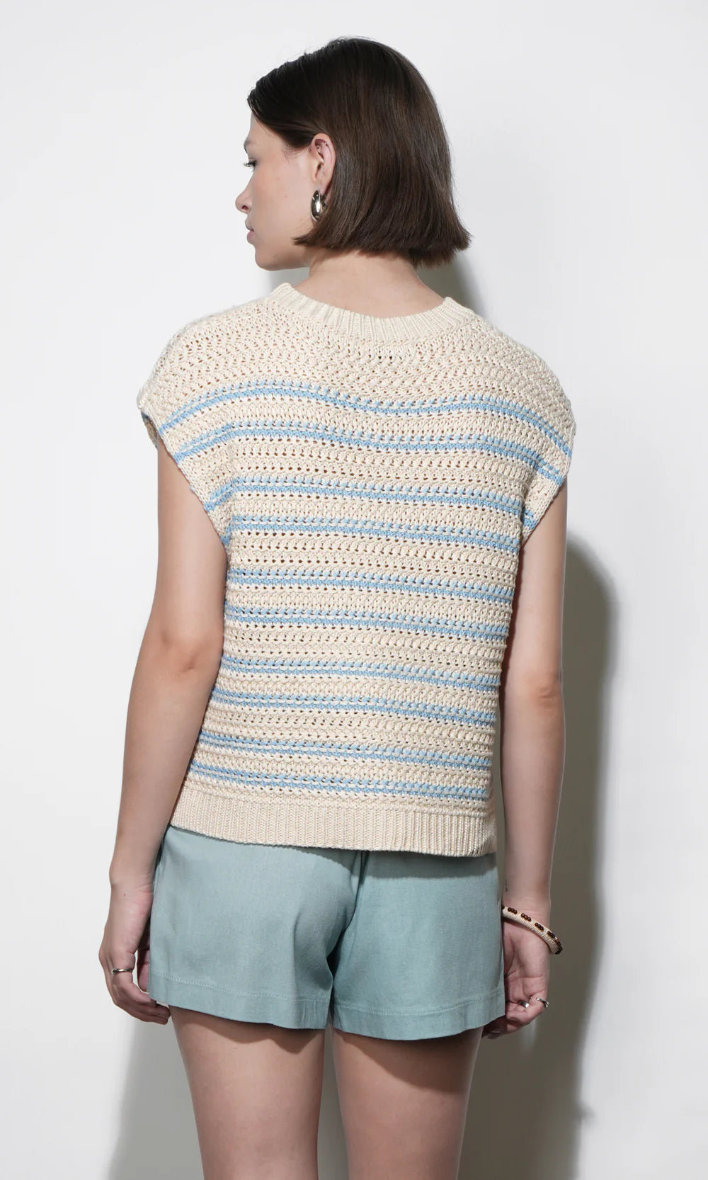 back view Greylin Solana Boxy Ivory & Blue Knit Sweater Top