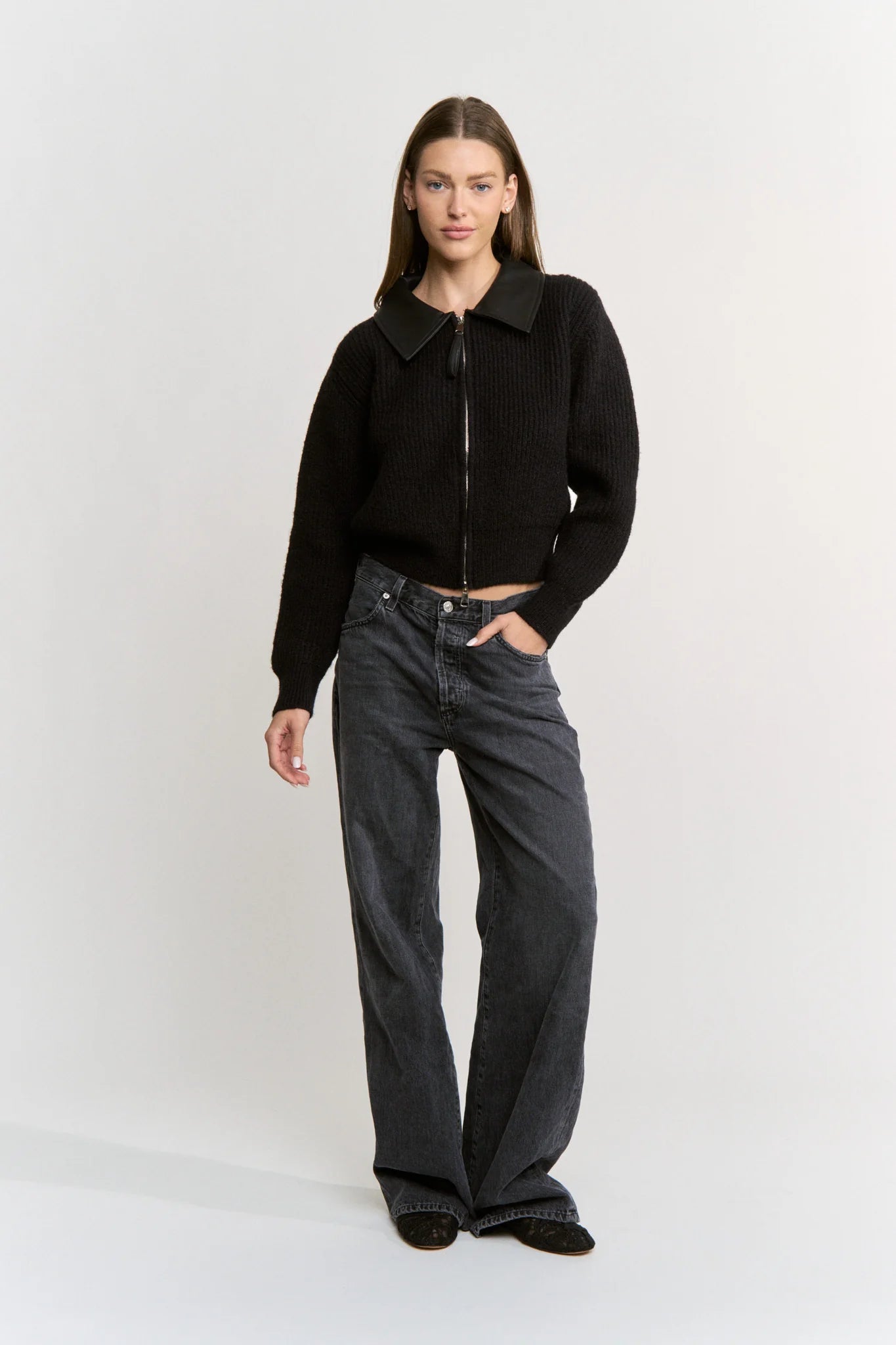 En Saison Aileen Black Sweater Zip Up Cardigan