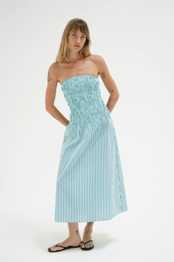 LNA | Kapaia Strapless Dress | Teal Navy Stripe