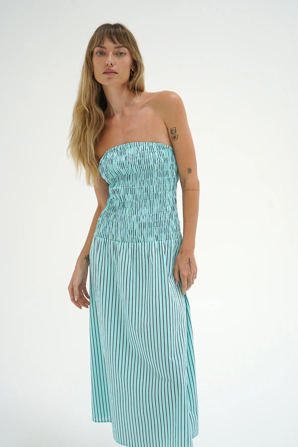 LNA | Kapaia Strapless Dress | Teal Navy Stripe