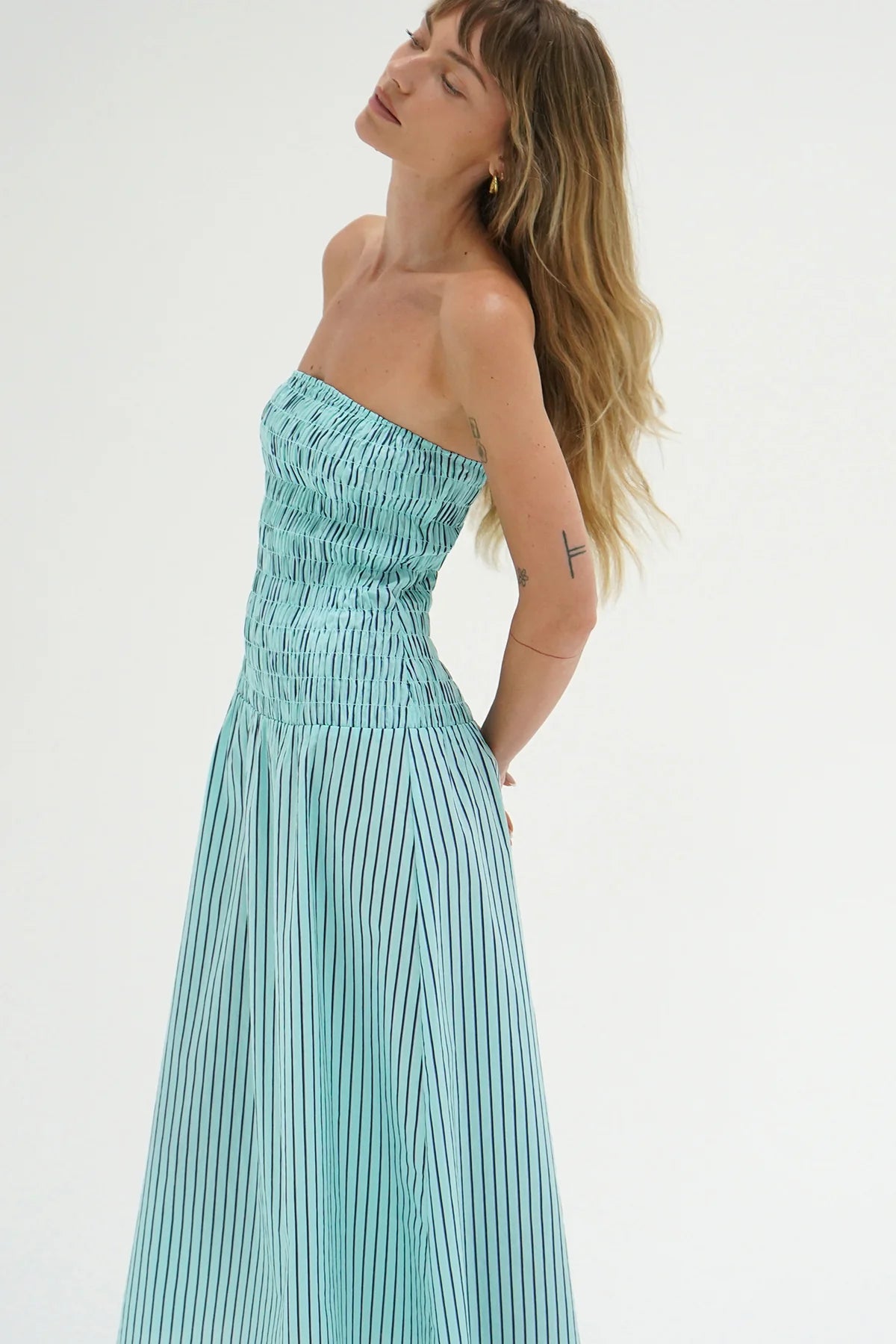 Kapaia Strapless Dress | Teal Navy Stripe