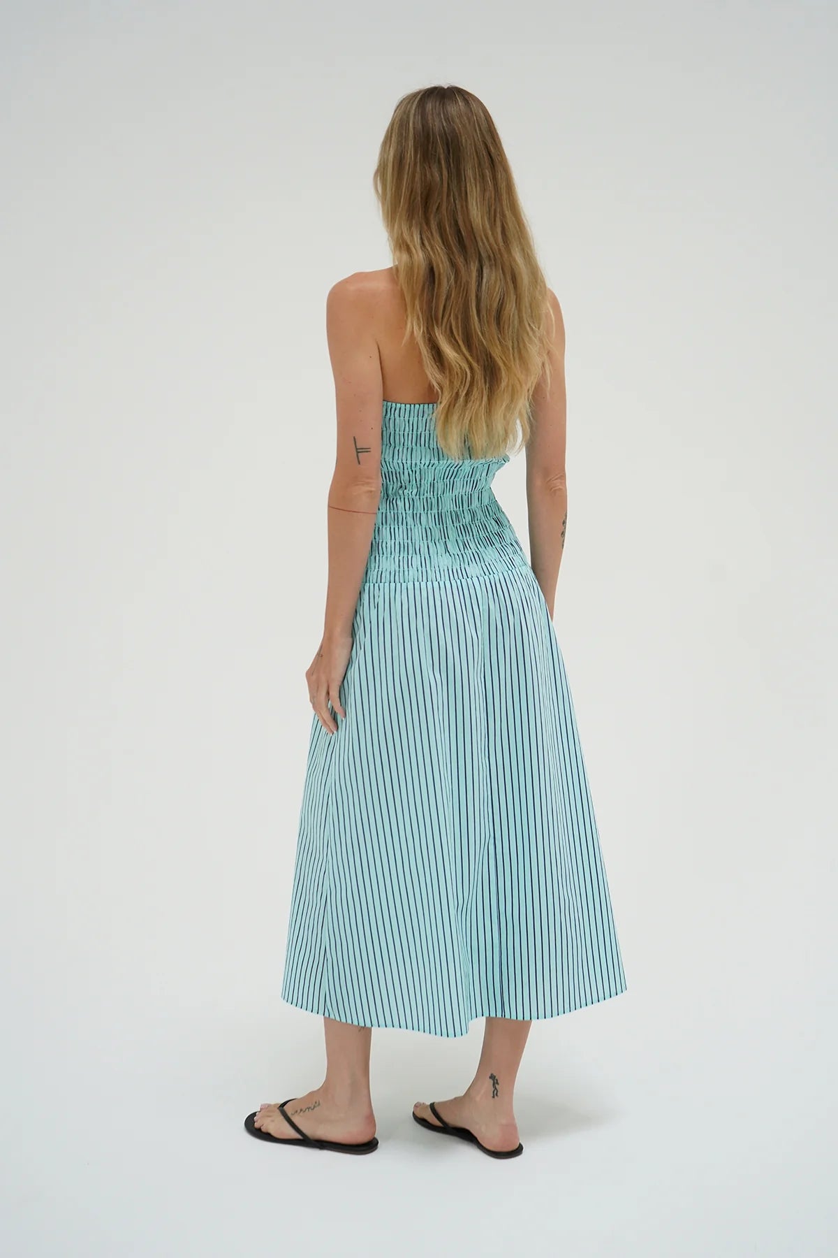 Kapaia Strapless Dress | Teal Navy Stripe