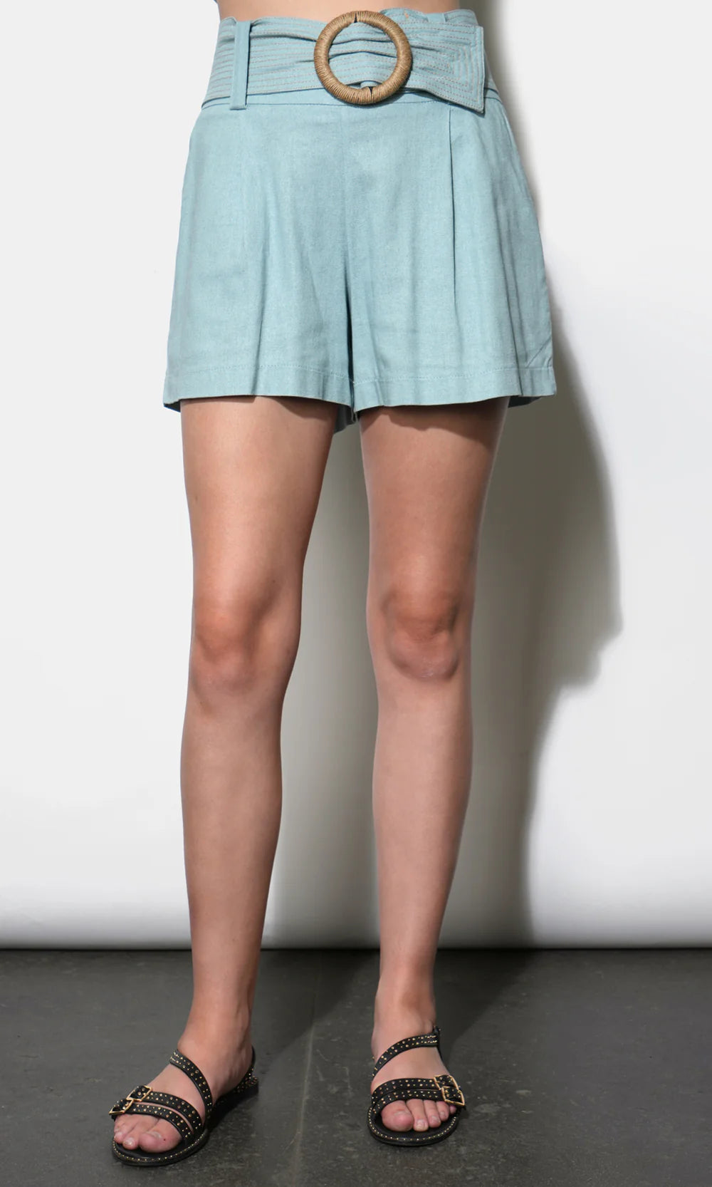 Greylin Lily Belted Denim Blue Linen Blend Shorts