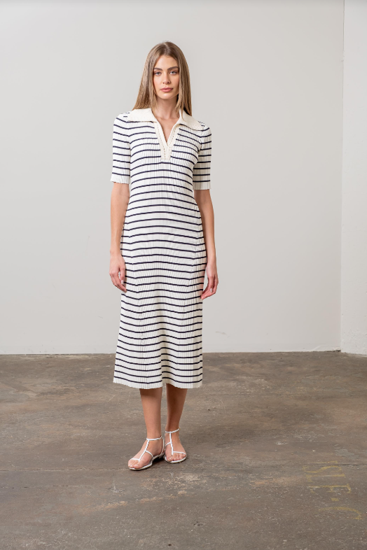 Evalynn Collar Striped Midi Dress