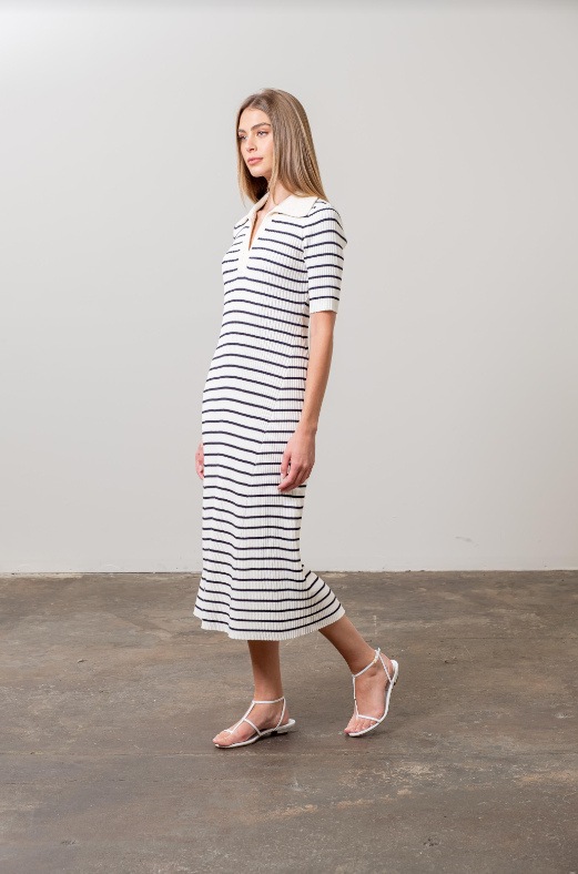 Evalynn Collar Striped Midi Dress