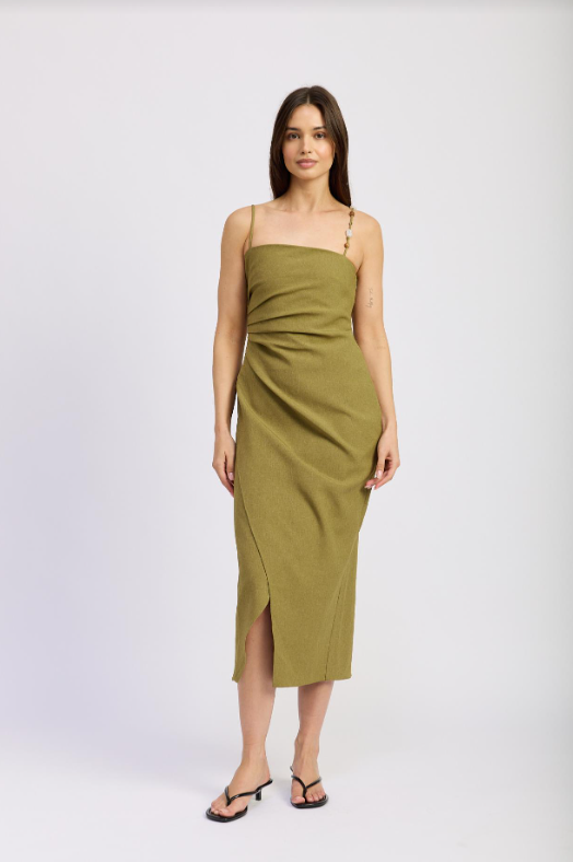 Lynx Pleated Midi Dress Olive