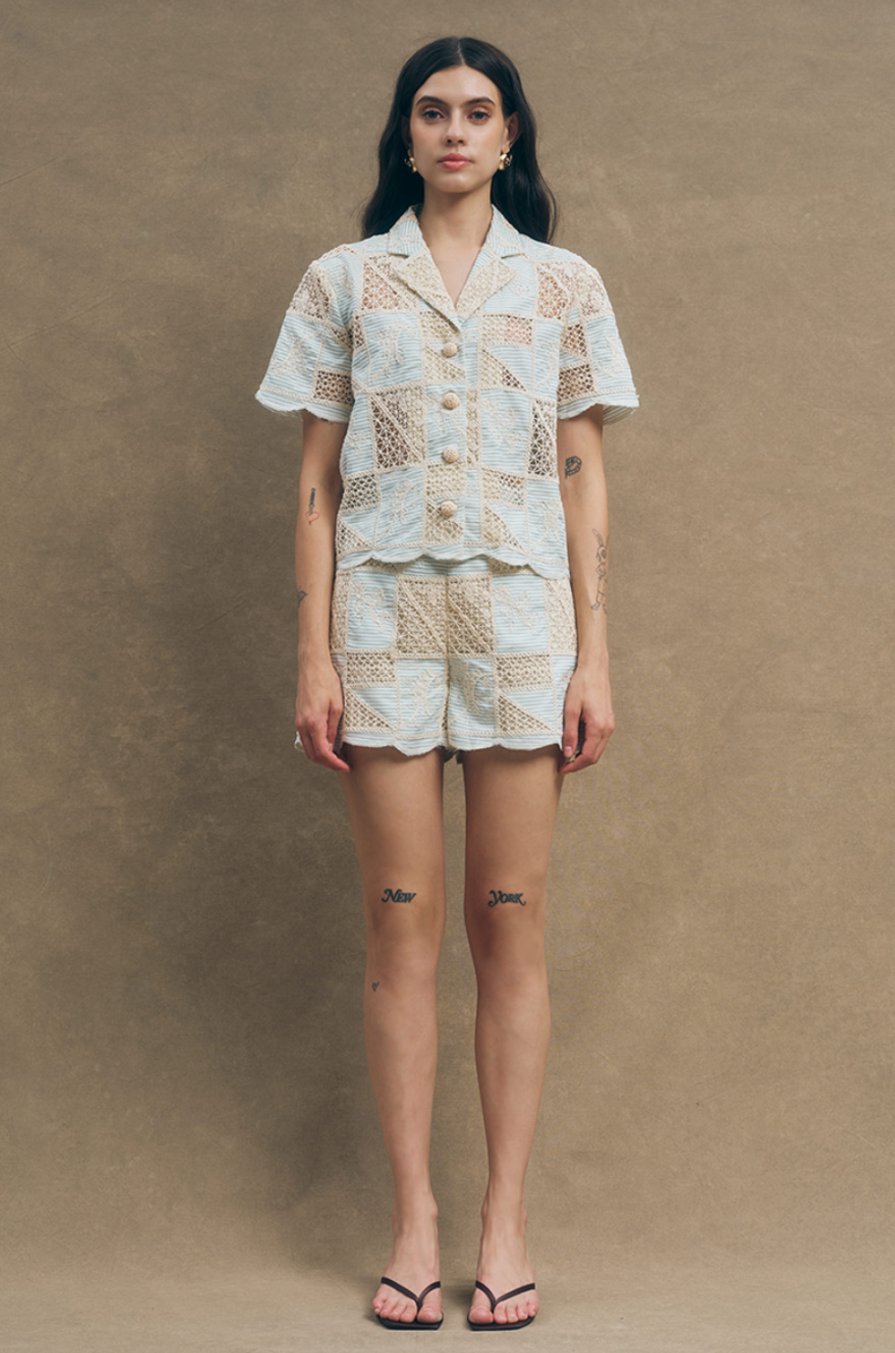 Maude Club Milo Green Beige Crochet Top| Blouse