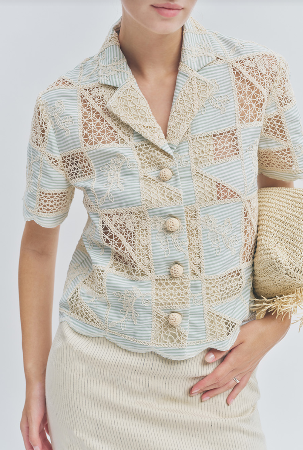 Maude Club Milo Green Beige Crochet Top| Blouse