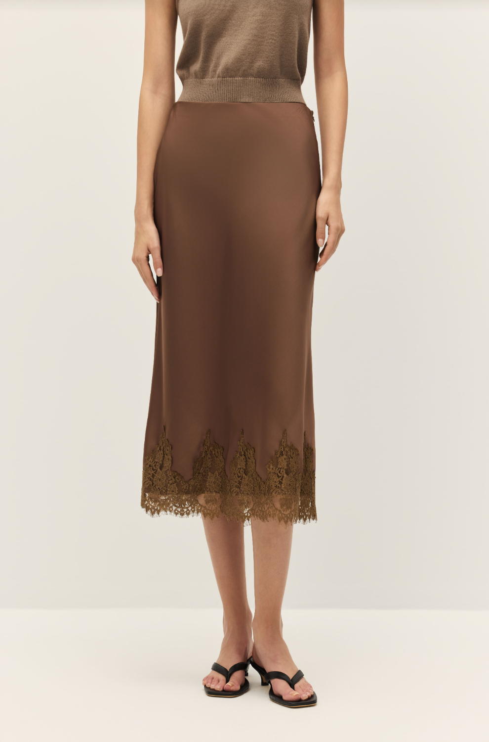 Enid Mocha Lace Satin Midi Skirt