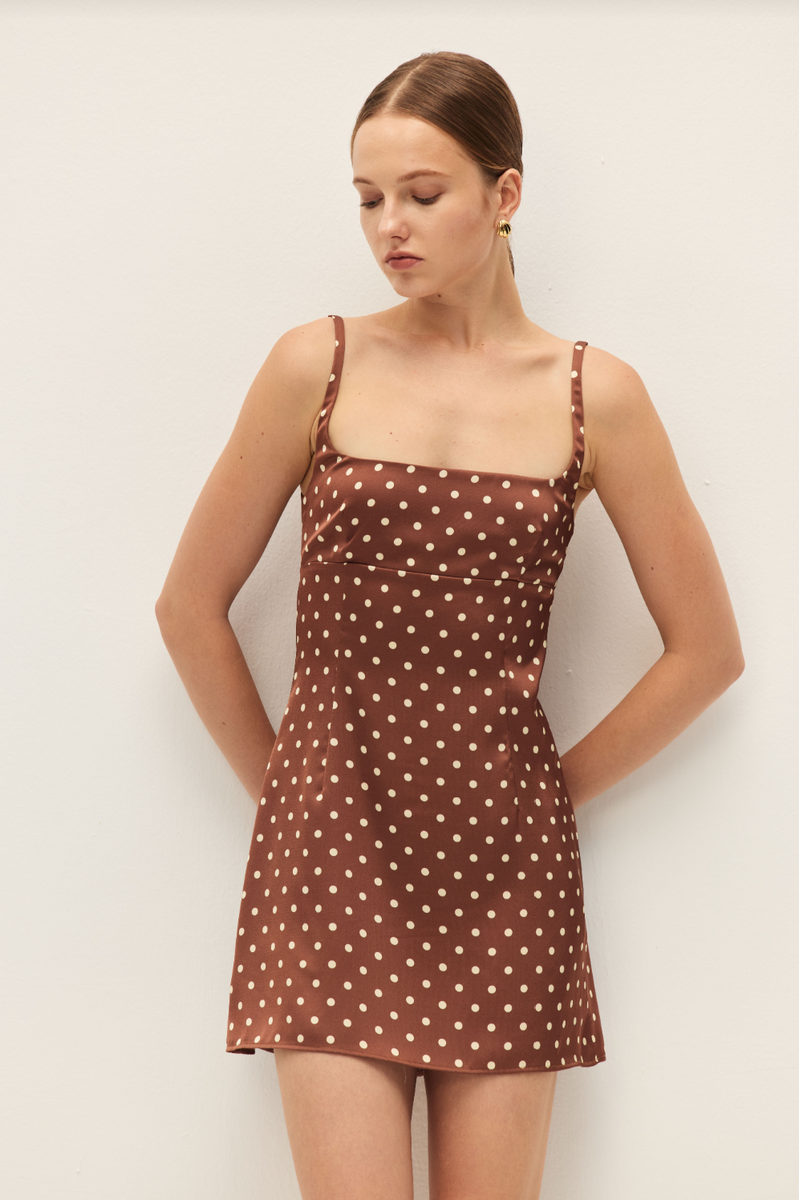 brown polka dot sleeveless dress Women's Close Encounters Polka Dot Sleeveless Mini Dress in Brown