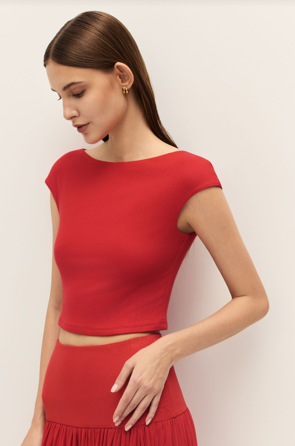 Elodie Darya Coral Red Knit Crop Top