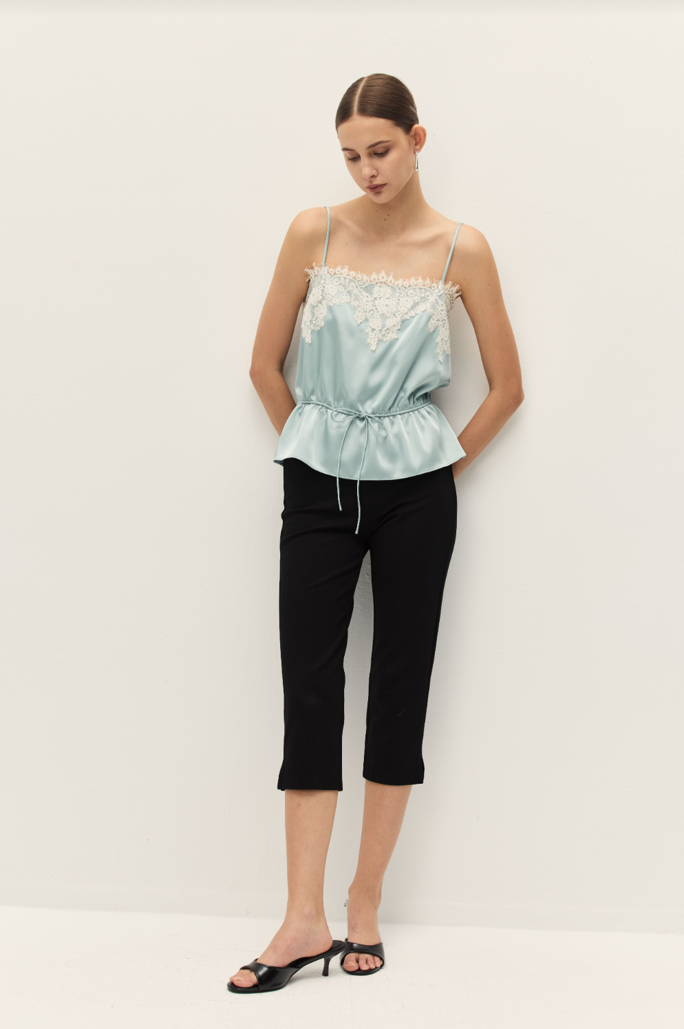 Elodie Diora Blue Satin Lace Tank Top