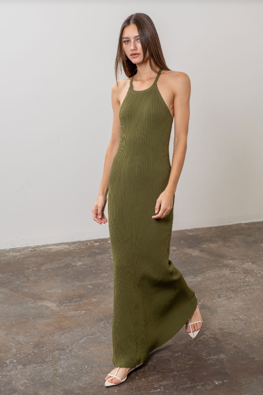 Lauren Knit Halter Maxi Dress | Olive Green