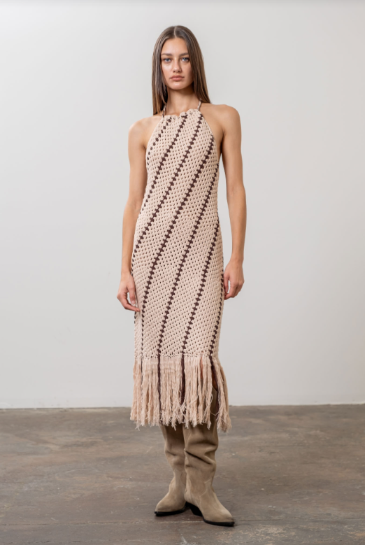 FINAL SALE Billie Crochet Fringe Knit Midi Dress | Taupe