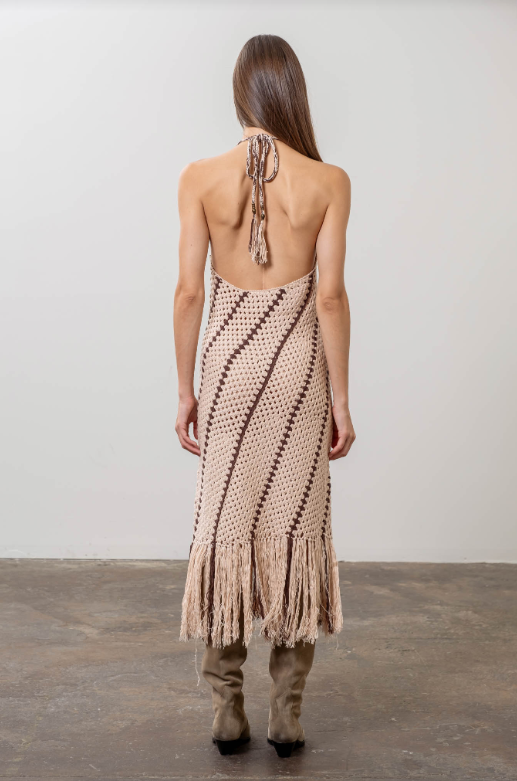 FINAL SALE Billie Crochet Fringe Knit Midi Dress | Taupe