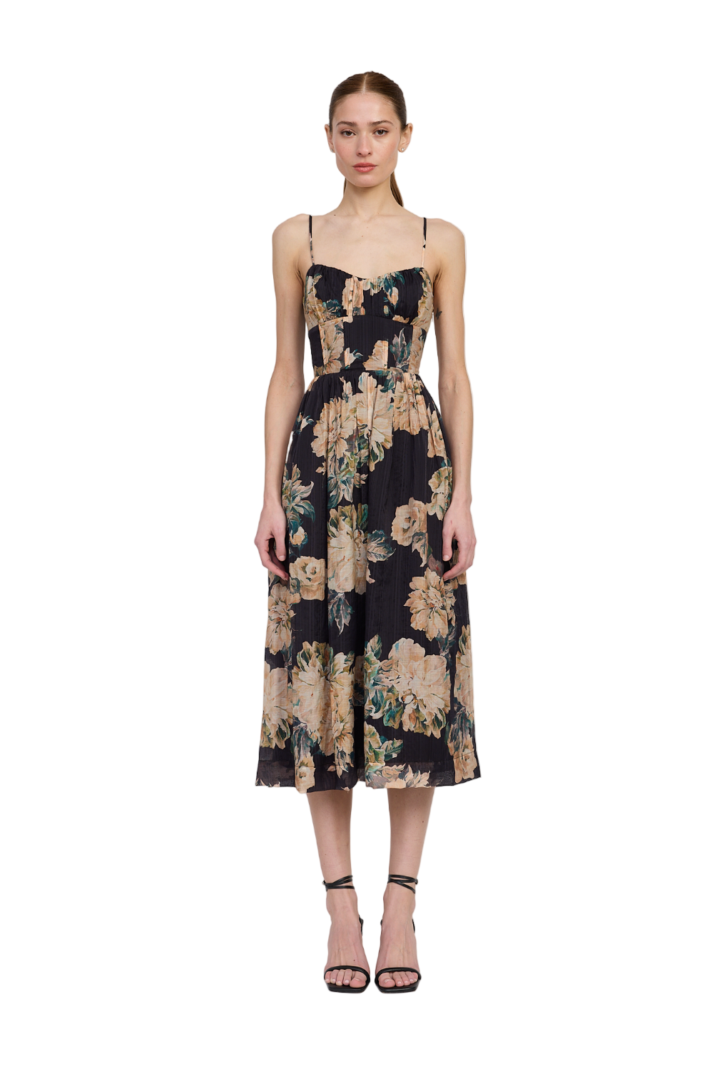 Woman wearing a floral dress on a white background