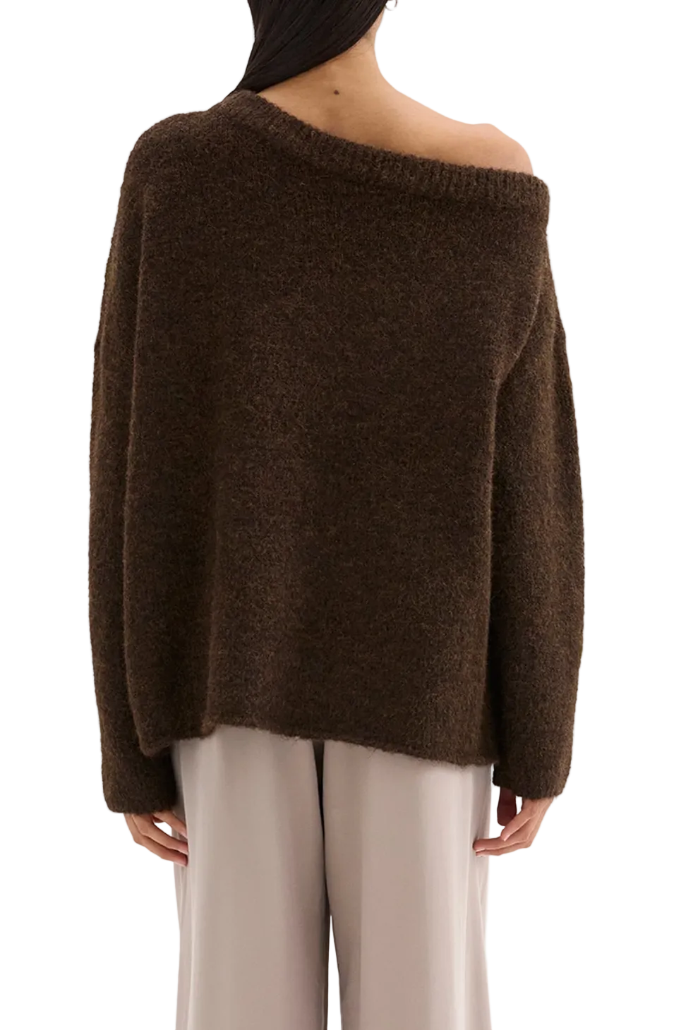 A person shown from the back wearing a dark brown off-the-shoulder knit sweater and light beige wide-leg pants against a plain light background.