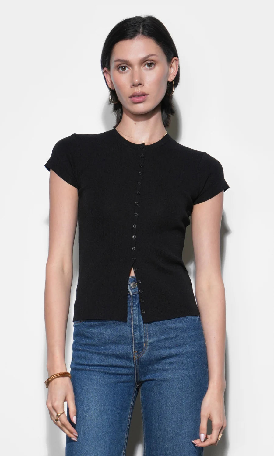 Greylin Vera Black Crew Neck Button Detailed Knit Top