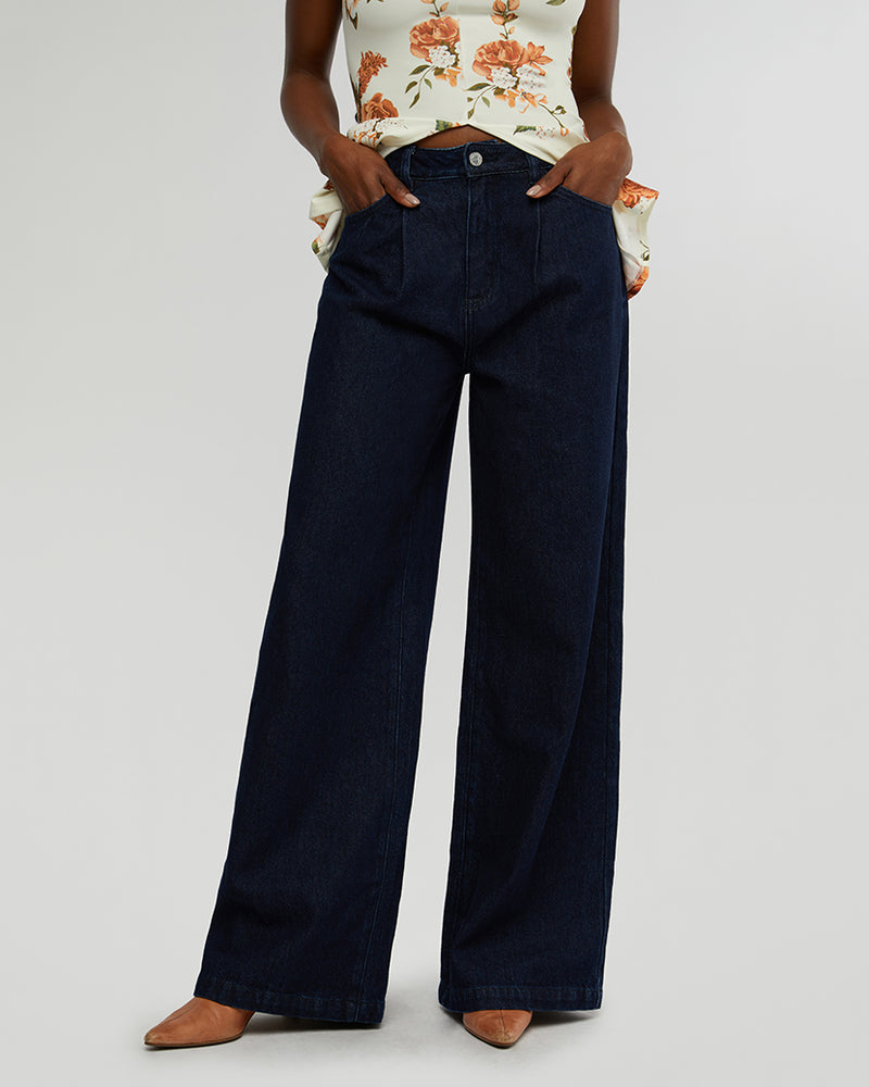 FINAL SALE WeWoreWhat | Highrise Pleated Wide Leg Jeans | Raw Wash