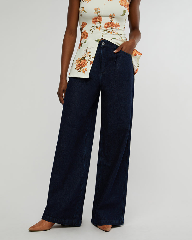 FINAL SALE WeWoreWhat | Highrise Pleated Wide Leg Jeans | Raw Wash