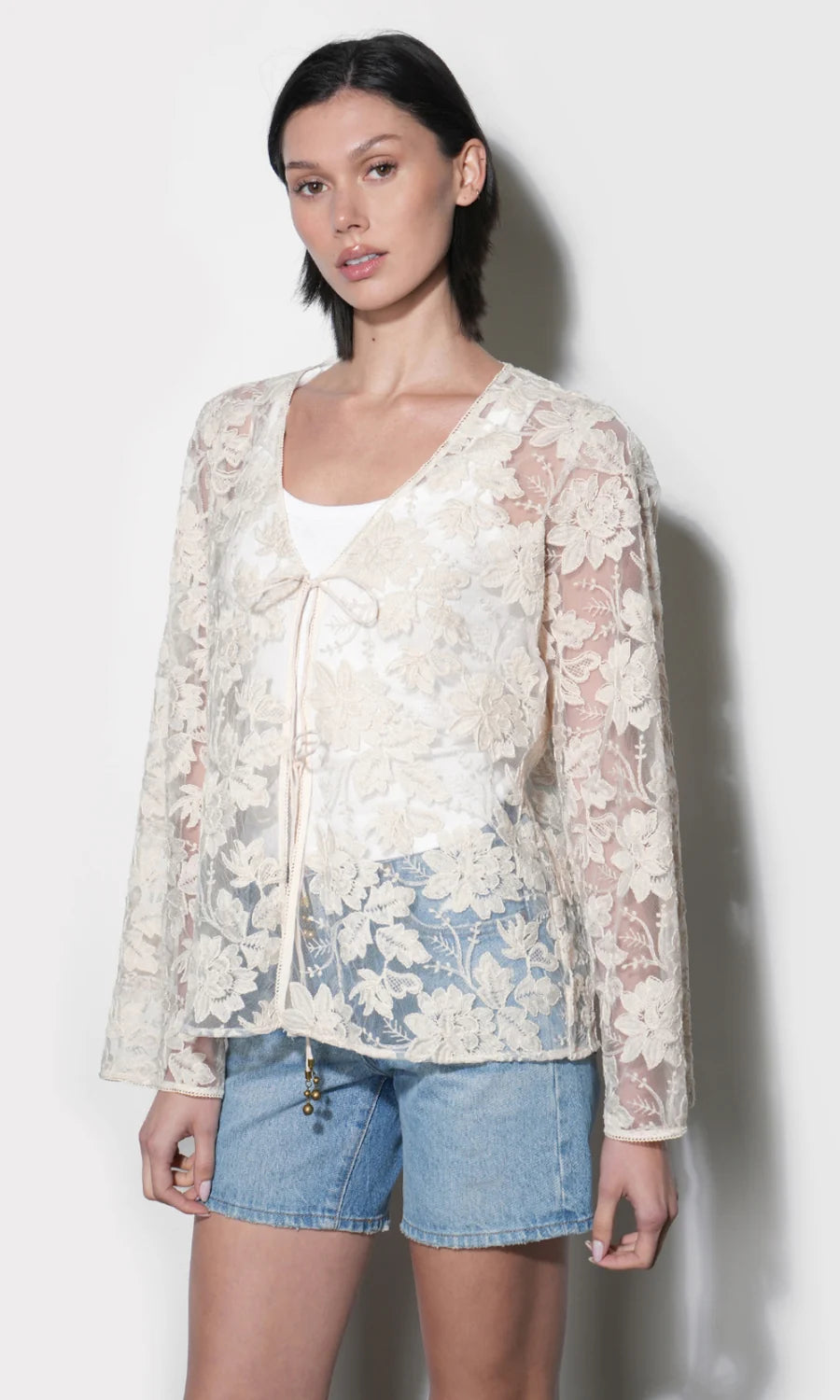 Greylin Zaylee Sheer Natural Embroidery Lace Cardigan