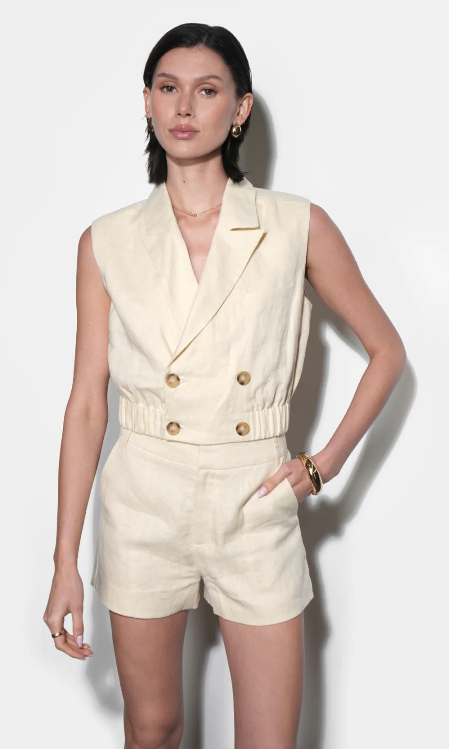 Haisley Linen Lapel Stone Vest With Elastic Hem