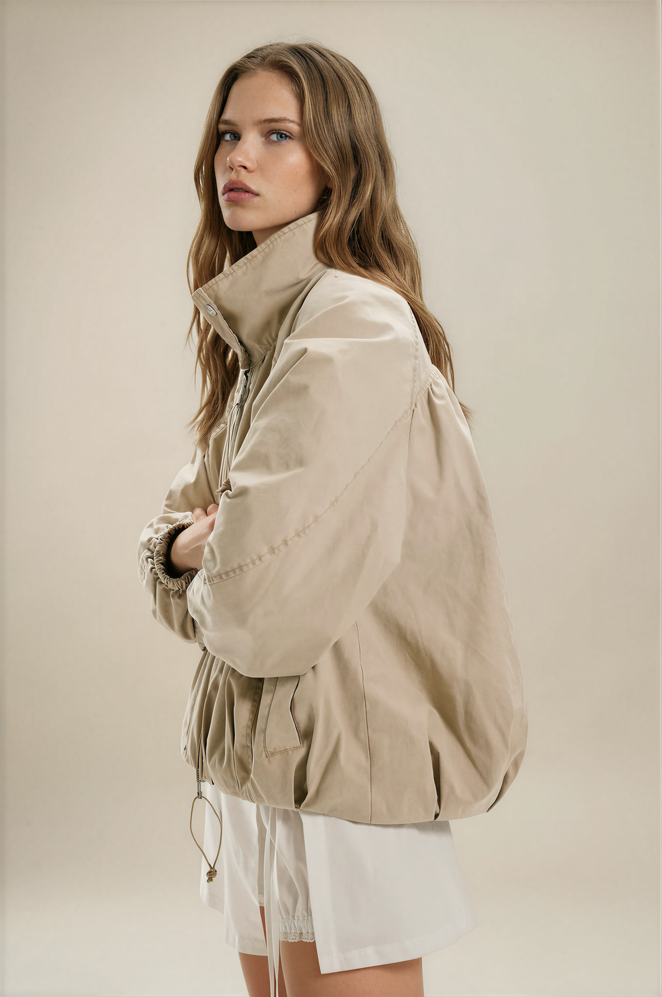 Free People Chelsea Funnel-Neck Jacket Oatmeal
